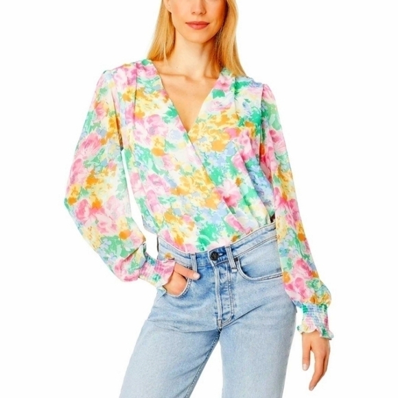 Wayf Tops - WAYF Long Sleeve Watercolor Floral Surplice Bodysuit Size Medium NWT